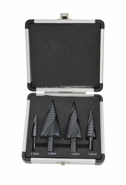 AWTOOLS WIERTŁO STOPNIOWE SPIRALNE KPL. 4szt./ 4-12 4-20 4-32 4-39mm/ AICrN/ CZARNE/ ETUI PLASTIK