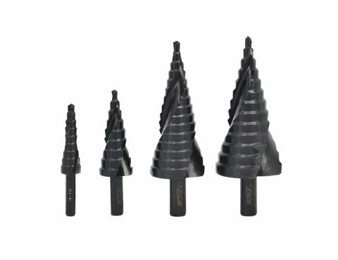 AWTOOLS WIERTŁO STOPNIOWE SPIRALNE KPL. 4szt./ 4-12 4-20 4-32 4-39mm/ AICrN/ CZARNE/ ETUI PLASTIK